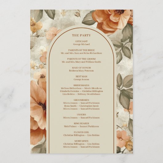 Trendy Boho Copper Ivory Olive Sage Floral Wedding Programm (Rückseite)