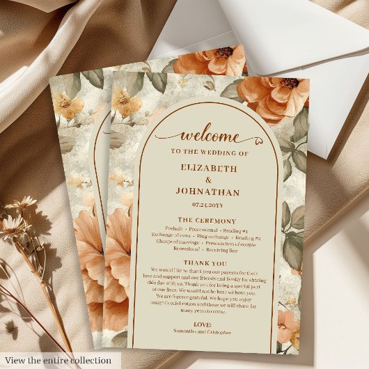 Trendy Boho Copper Ivory Olive Sage Floral Wedding Programm