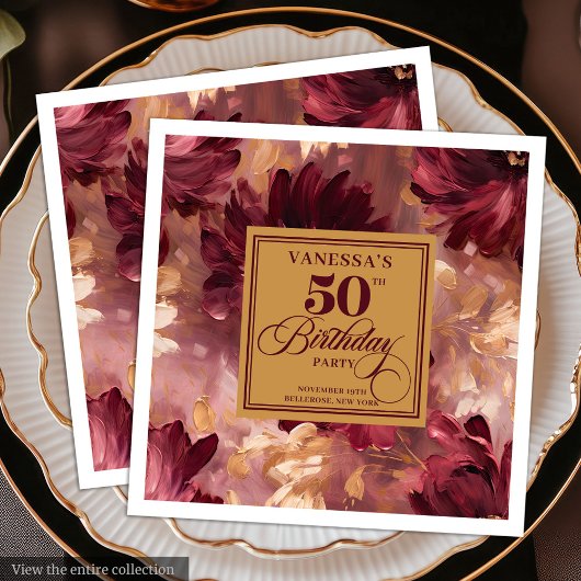 Trendy Boho Dark Red Blush Gold 50. Geburtstag Serviette