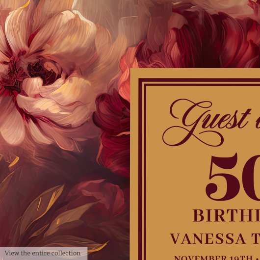 Trendy Boho Dark Red Blush Gold Blume 50th Bday Gästebuch