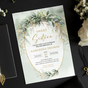 Trendy boho eucalyptus grün gold 16 . Geburtstag Einladung