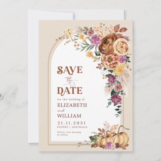 Trendy Boho Fall Floral Pumpkin Save the Date (Vorderseite)