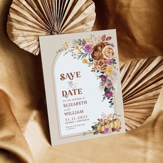 Trendy Boho Fall Floral Pumpkin Save the Date
