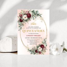 Trendy Boho Maroon Floral Eucalyptus Quince Invite