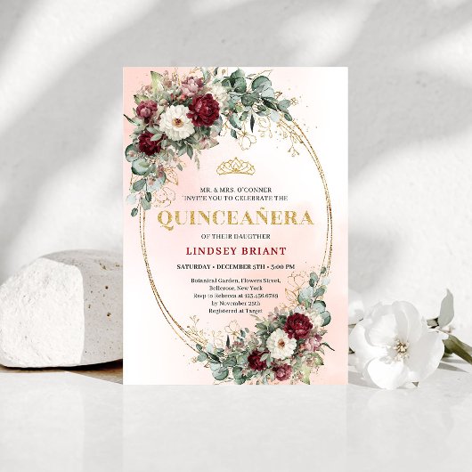 Trendy Boho Maroon Floral Eucalyptus Quince Invite Einladung