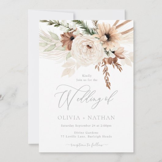 Trendy Boho Neutral Florals Wedding Einladung (Vorderseite)