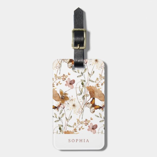 Trendy Boho neutrale Wildblumen im Herbst auf Weiß Gepäckanhänger (Vorderseite vertikal)