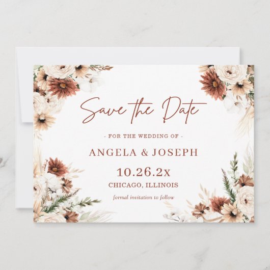 Trendy Boho Pampas Grass Floral Terracotta Save The Date (Vorderseite)
