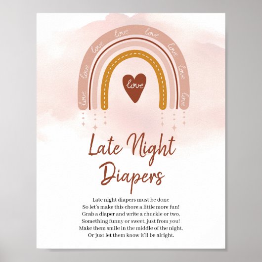 Trendy Boho Rainbow Late Night Diapers Game Sign Poster (Vorne)