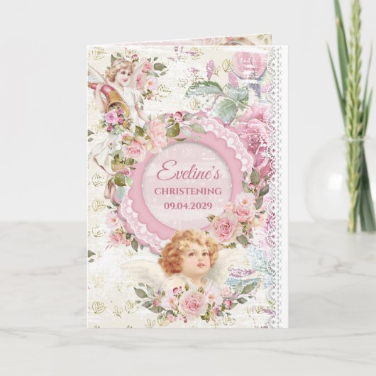 Trendy boho Shabby Chic Angels Taufe Einladung (Vorderseite)