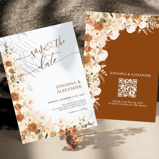 Trendy Boho Terracotta Floral QR Code Wedding Save The Date