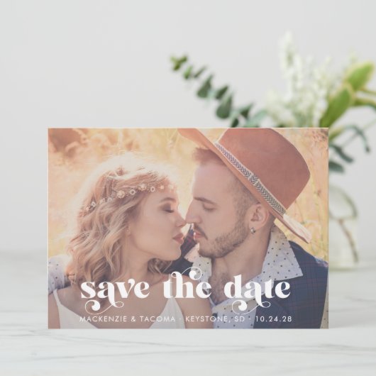 Trendy Boho Typografy Foto Save the Date (Stehend Vorderseite)