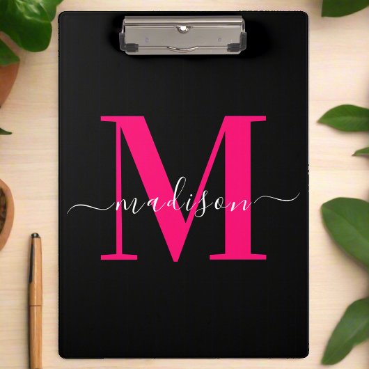Trendy Bold Hot Pink & Black Monogram Girl Klemmbrett