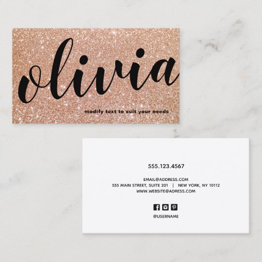 Trendy Bold Rose Gold Glitzer Script Calligraphy Visitenkarte (Vorne/Hinten)