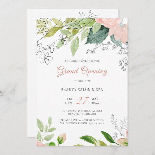 Trendy botanische moderne Schönheitssalon Eröffnun Einladung (Vorne/Hinten)