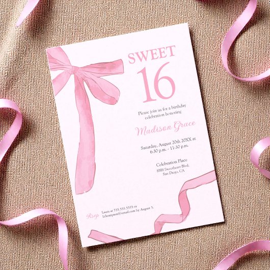 Trendy Bow Ribbon Coquette Sweet 16 Blush Pink Einladung