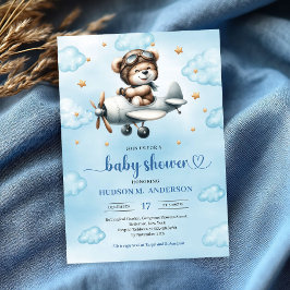 Trendy Boy Shower Teddy Bear Pilot Blue Brown Einladung