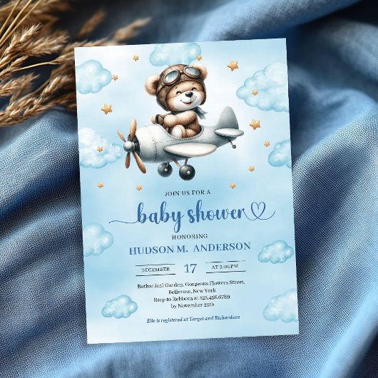 Trendy Boy Shower Teddy Bear Pilot Blue Brown Einladung