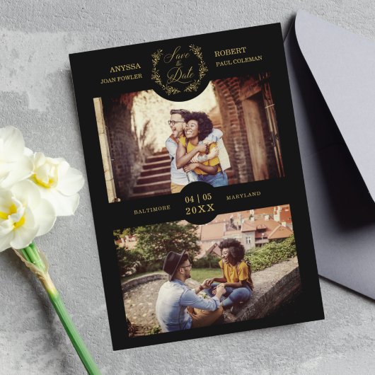 Trendy Branches Black Personalisiert 2 Foto Couple Save The Date