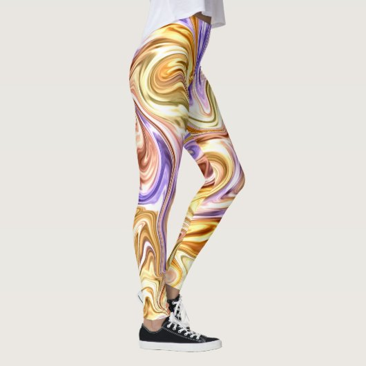 Trendy Bright Gold Lila Waves Abstraktes Muster Leggings (Rechts)