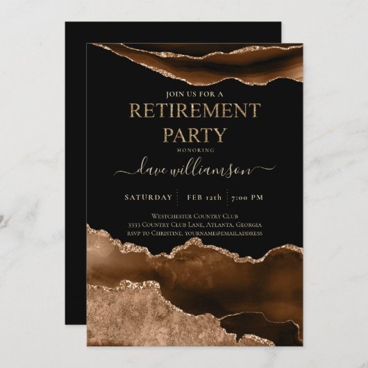 Trendy Brown Agate Gemstone Retirement Party Invi Einladung (Vorne/Hinten)