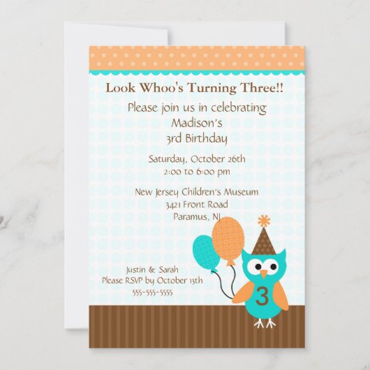 Trendy Brown Party Owl Birthday Einladung (Vorderseite)