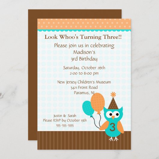 Trendy Brown Party Owl Birthday Einladung (Vorne/Hinten)