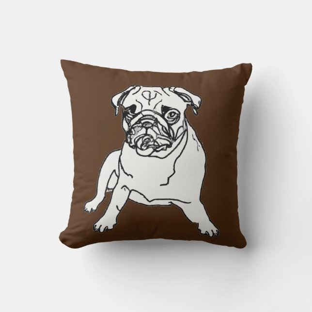 Trendy Brown Pug Dog Drawing Cushion Pillow Kissen (Vorderseite)