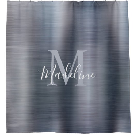 Trendy Brushed Metal Black Silver Gray Monogram Duschvorhang (Vorderseite)