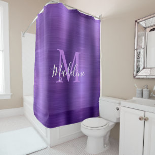 Trendy Brushed Metallic Lila Script Monogram Duschvorhang