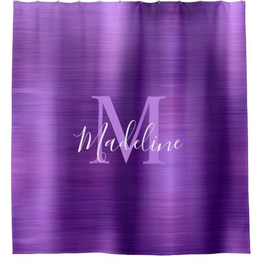 Trendy Brushed Metallic Lila Script Monogram Duschvorhang (Vorderseite)