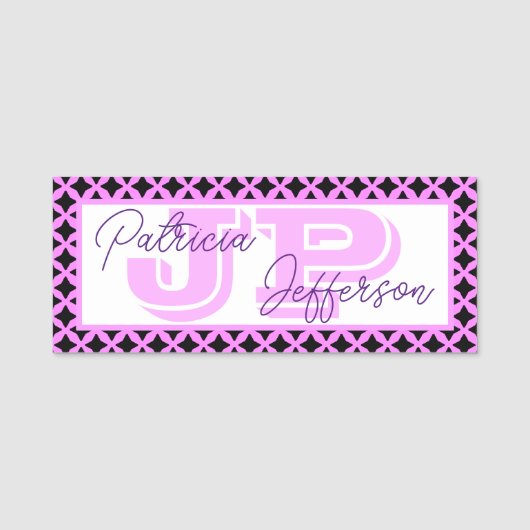 Trendy Bubblegum Pink Black Lattice Mesh: Monogram Namensschild (Vorderseite)