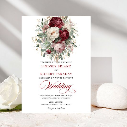 Trendy Burgundy and White Flowers Wedding Invite Einladung