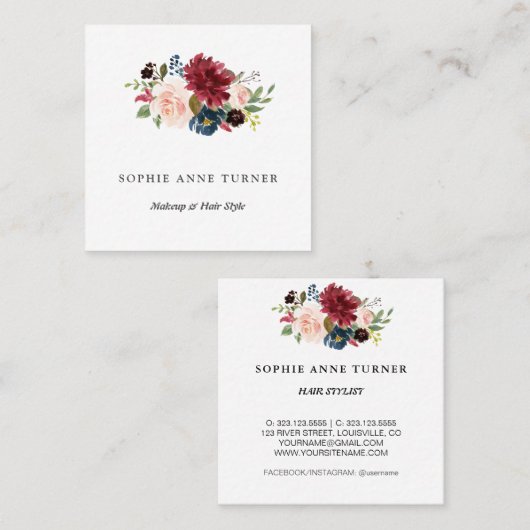 Trendy Burgundy Blume Beruflich Beauty Salon Quadratische Visitenkarte (Vorne/Hinten)