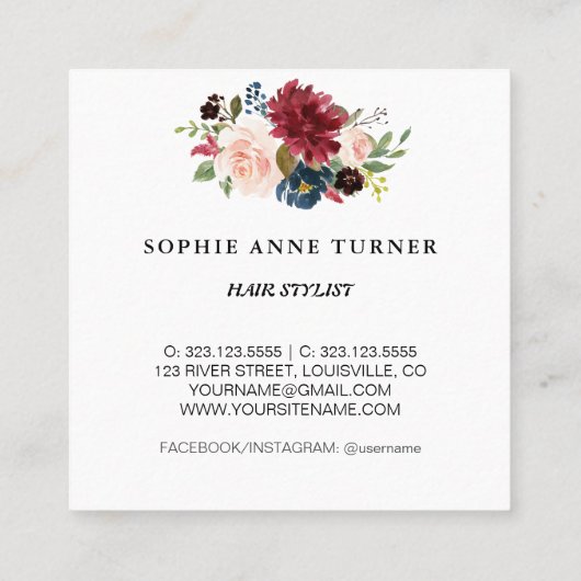 Trendy Burgundy Blume Beruflich Beauty Salon Quadratische Visitenkarte (Rückseite)