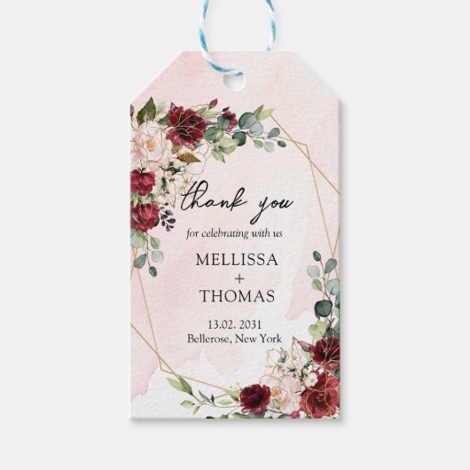 Trendy burgundy Blüteneukalyptus und Goldhochzeit Geschenkanhänger (Vorderseite)