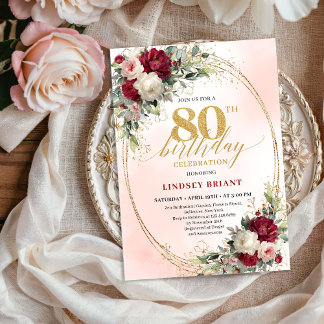 Trendy Burgundy Boho Chic 80th Birthday Invitation Einladung