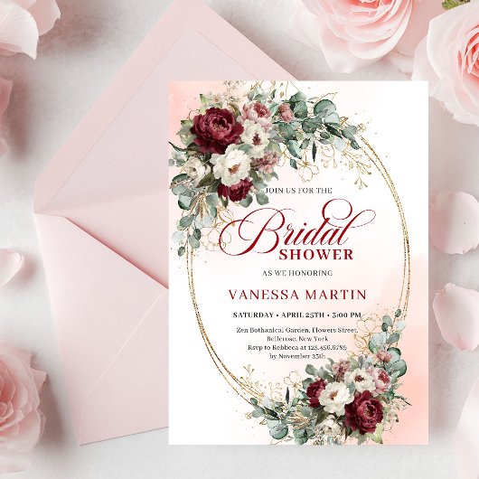 Trendy Burgundy Gold Greenery Bridal Shower Invite Einladung