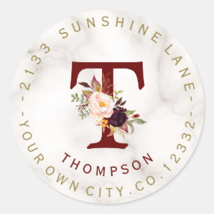 Trendy Burgundy Red Floral Circle Address Label Runder Aufkleber