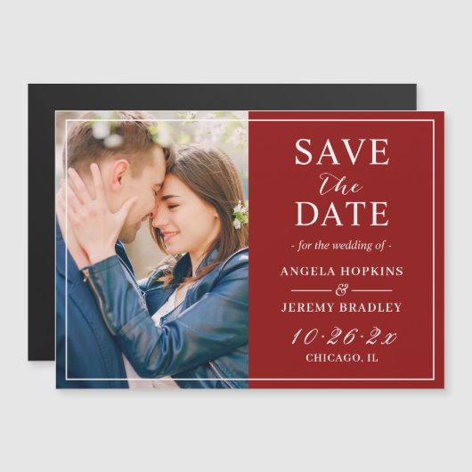 Trendy Burgundy Red Foto Save the Date Magnet (Vorne/Hinten)