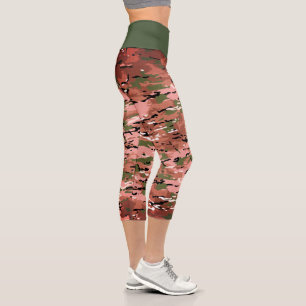Trendy Burnt Amber Green Camouflage Capri Leggings