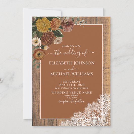 Trendy Burnt Orange Rustic Wood Script Wedding Einladung (Vorderseite)