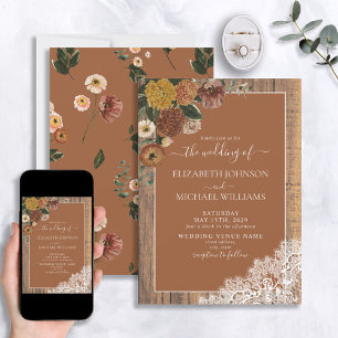 Trendy Burnt Orange Rustic Wood Script Wedding Einladung