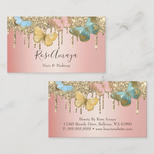 Trendy Butterfly Gold Glitzer Pink Beauty Industry Visitenkarte (Vorne/Hinten)
