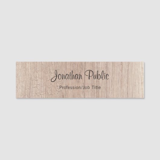Trendy Calligrafy Script Text Template Wood Look Namensschild (Vorderseite)