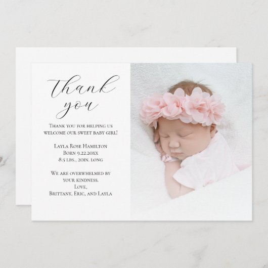 Trendy Calligraphy Foto Babydusche Dankeskarte (Vorne/Hinten)