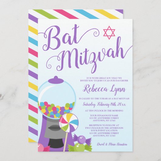 Trendy Candy Bat Mitzvah Einladung (Vorne/Hinten)