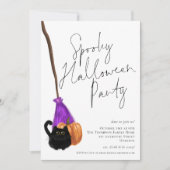 Trendy Cat Broomstick Spooky Halloween-Party Einladung (Vorderseite)