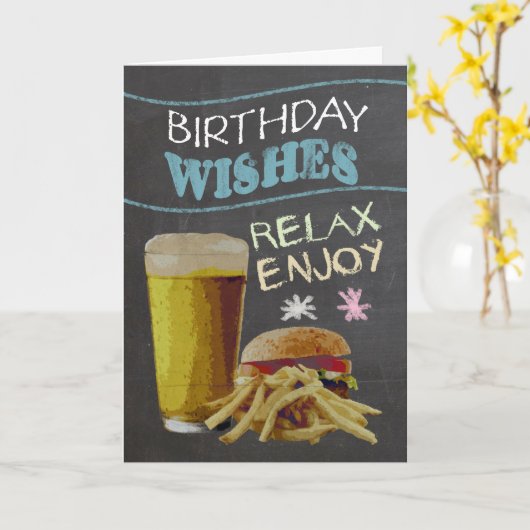 Trendy Chalk Board Effekt mit Bier, Burger Karte (Gelbe Blume)
