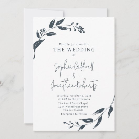 Trendy Charcoal Botanicals QR Code Wedding Einladung (Vorderseite)